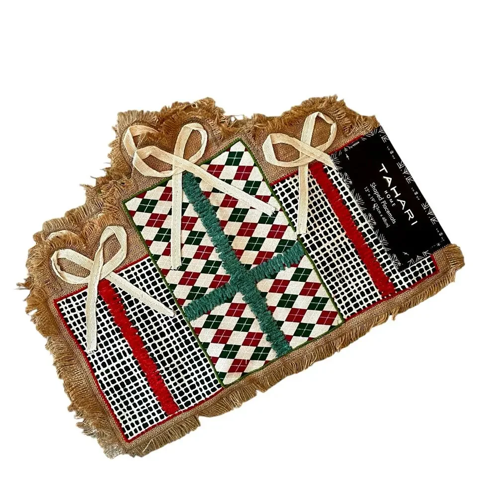 TAHARI Christmas Present Shaped Jute Placemats Set of 4 Holiday 13x19 New